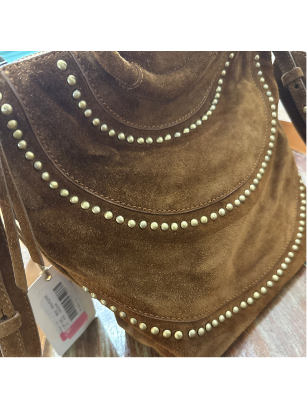 HOBO Chestnut Brown Suede Gold Studded Small Crossbody Tote Handbag NWT Handles - Picture 3 of 13
